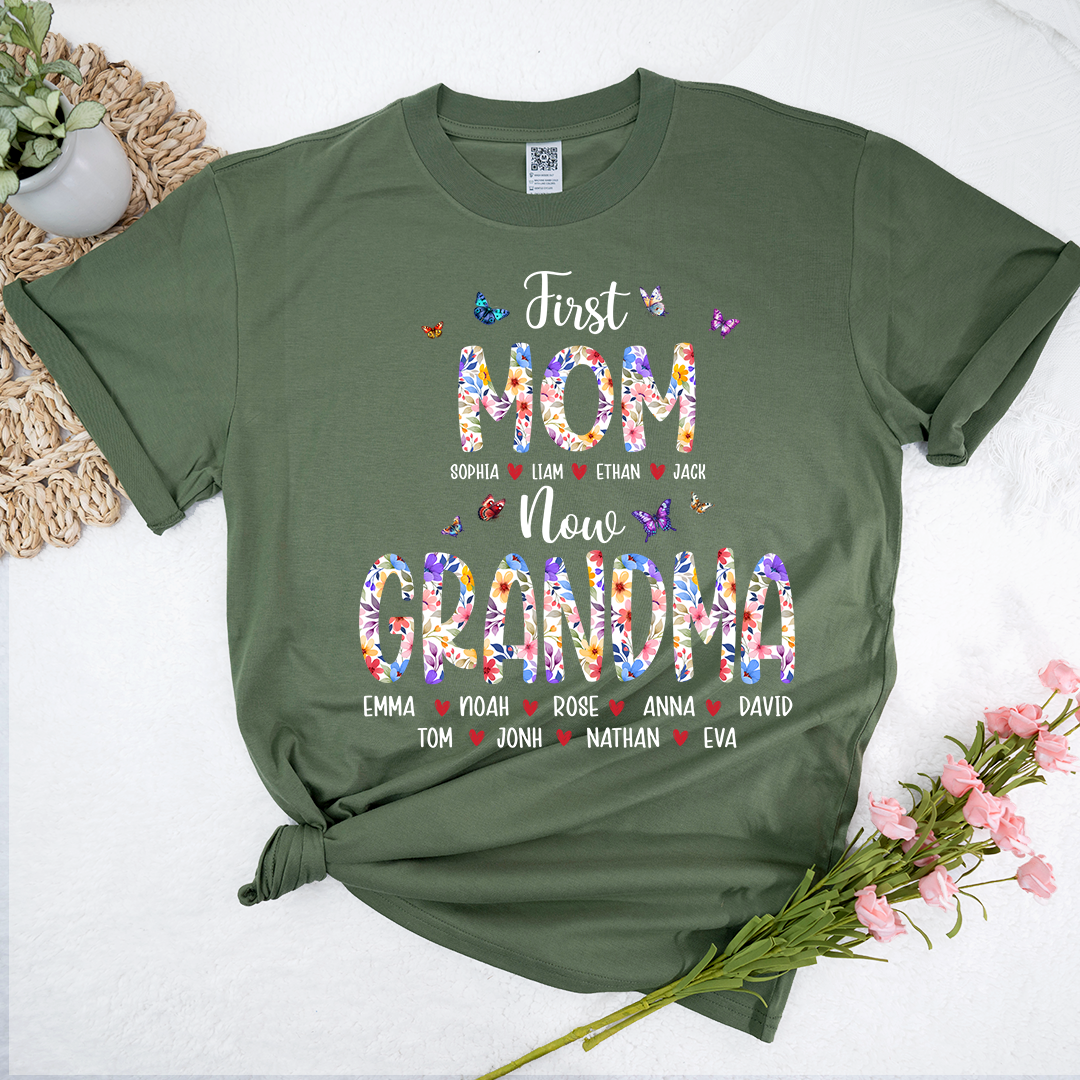 First Mom I Love Grandma Shirt, Personalized Grandma T-Shirt with Custom Family Names