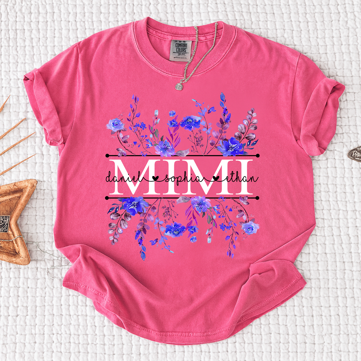 Comfort Colors Personalized Mimi Shirt with Purple Wildflower Design – Custom Grandma Gift with Grandkids Names