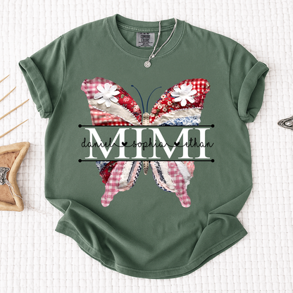 Comfort Personalized Mimi Shirt with Grandkids Names, Colorful Patchwork Butterfly Design Family Tee