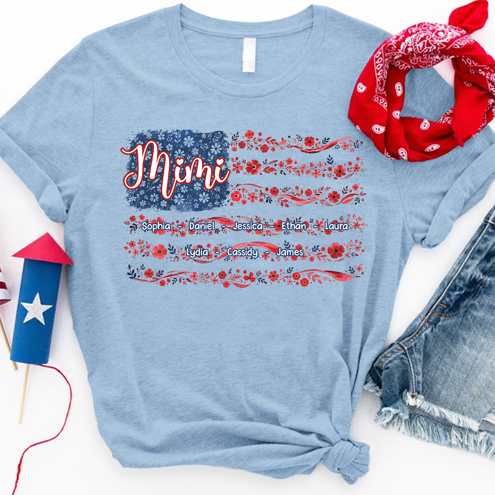 Mimi Floral American Flag Shirt, Custom Grandkids Name Tee, Patriotic Grandma Gift for Nana Mimi Great Grandma