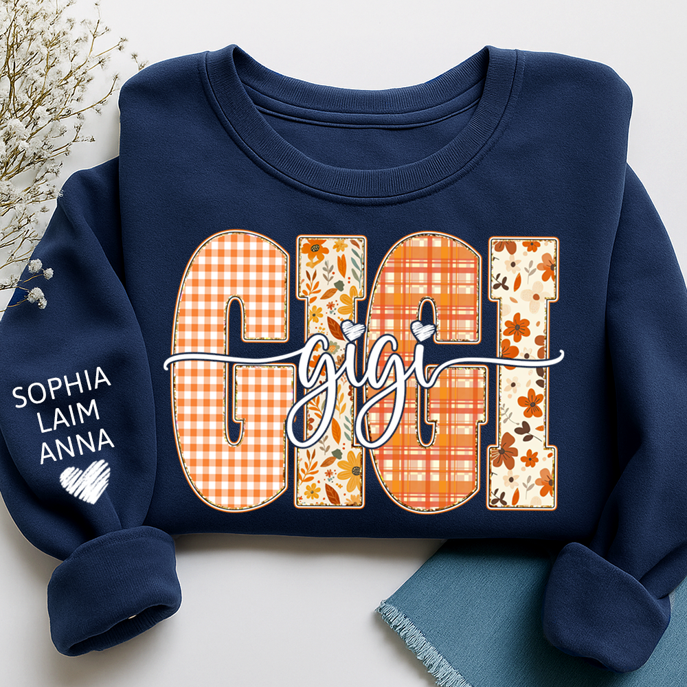 Personalized Gigi Crewneck for Grandma – Fall Colors with Kids' Names on Sleeve
