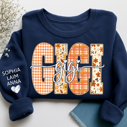 Personalized Gigi Crewneck for Grandma – Fall Colors with Kids' Names on Sleeve