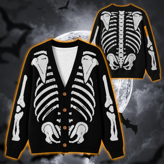 Skeleton Halloween Cardigan, Gothic Rib Cage Knitted Sweater, Black and White Bone Cardigan, Spooky Skeleton Halloween Outfit