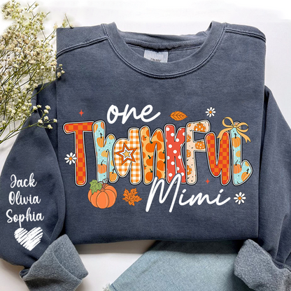 Personalized One Thankful Mimi Sweatshirt – Fall Pumpkin Design with Grandkids’ Names on Sleeve