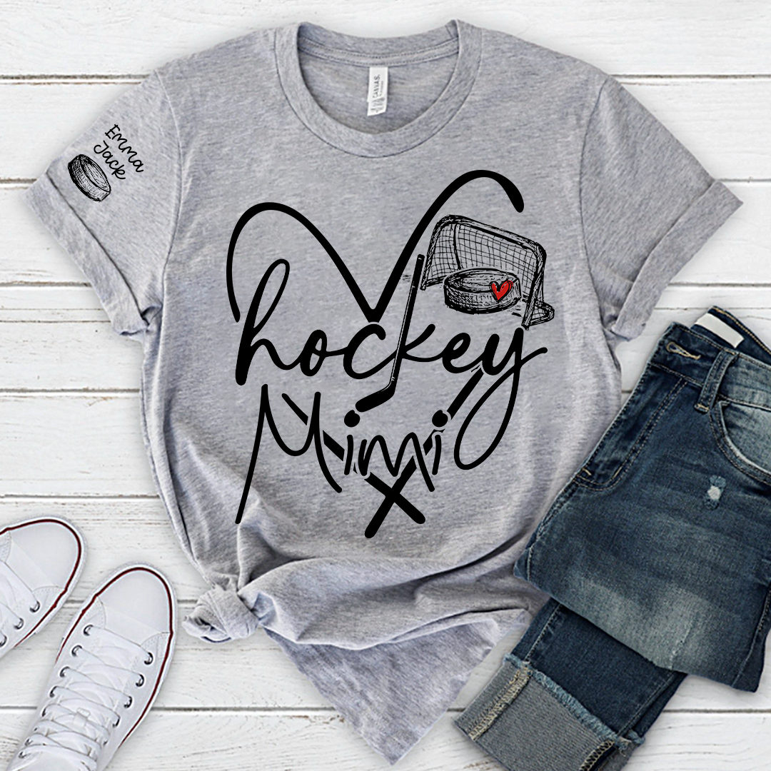 Hockey Heart Mimi Family Shirt, Custom Names and Hockey Puck Design Personalized Tee
