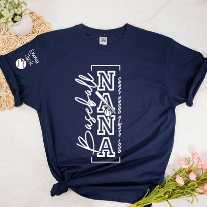 Baseball Nana T-Shirt, Custom Family Name Shirt with Modern Vertical Graphic