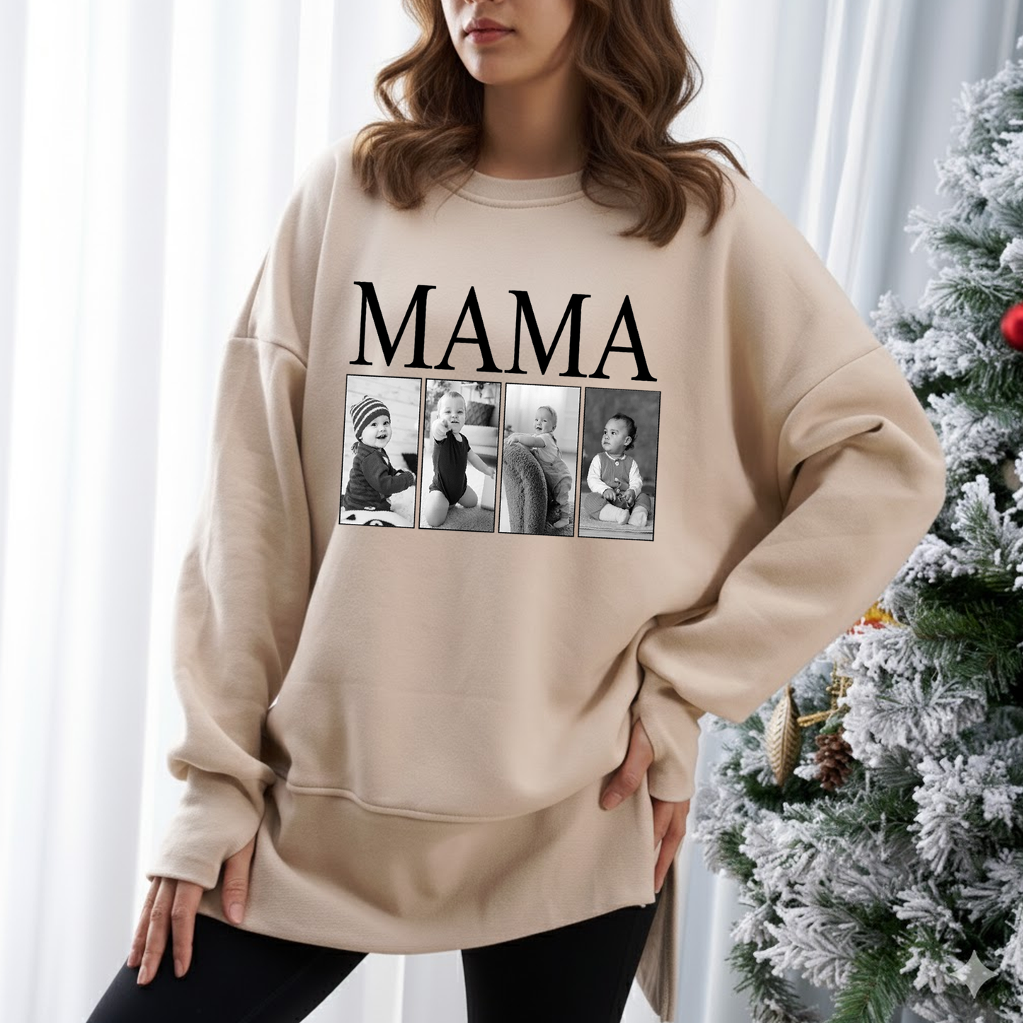 Custom MAMA Photo Sweatshirt – Personalized Oversized Pullover with Kids Pictures, Cozy Thumbhole Long Sleeve for Women