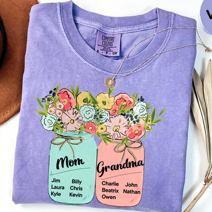 Comfort Colors® Mom & Grandma Kids Flower T-Shirt, Custom Family Names with Floral Design, Perfect Gift for Mom and Grandma
