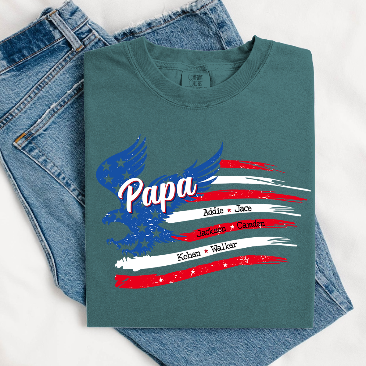 Comfort Colors® Personalized Papa Shirt, Eagle with Grandkids name Hands Flag T-Shirt, Custom Shirt for Fathers Day