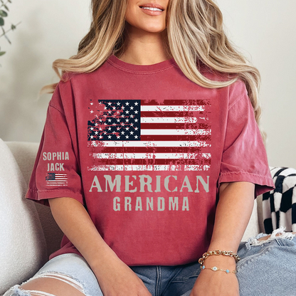 Custom American Grandma T-Shirt, Personalized Grandkids Name Sleeve Patriotic Shirt
