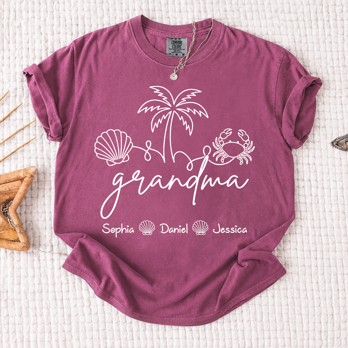 Comfort Colors Personalized Grandma Shirt with Grandkids Names, Custom Beach Line Art Tee, Palm Tree Shell Crab Family T-Shirt