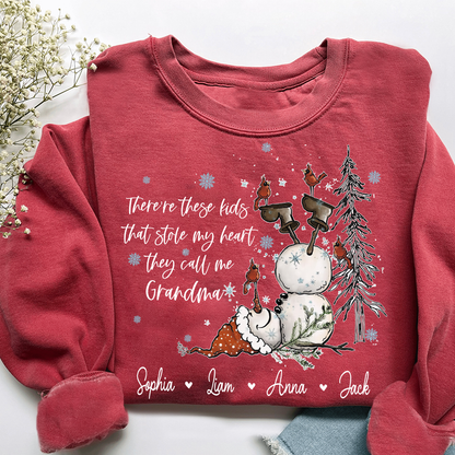 Custom Grandma Snowman Sweatshirt, There’s These Kids That Stole My Heart For Gift Grandma And Kids