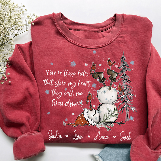 Custom Grandma Snowman Sweatshirt, There’s These Kids That Stole My Heart For Gift Grandma And Kids