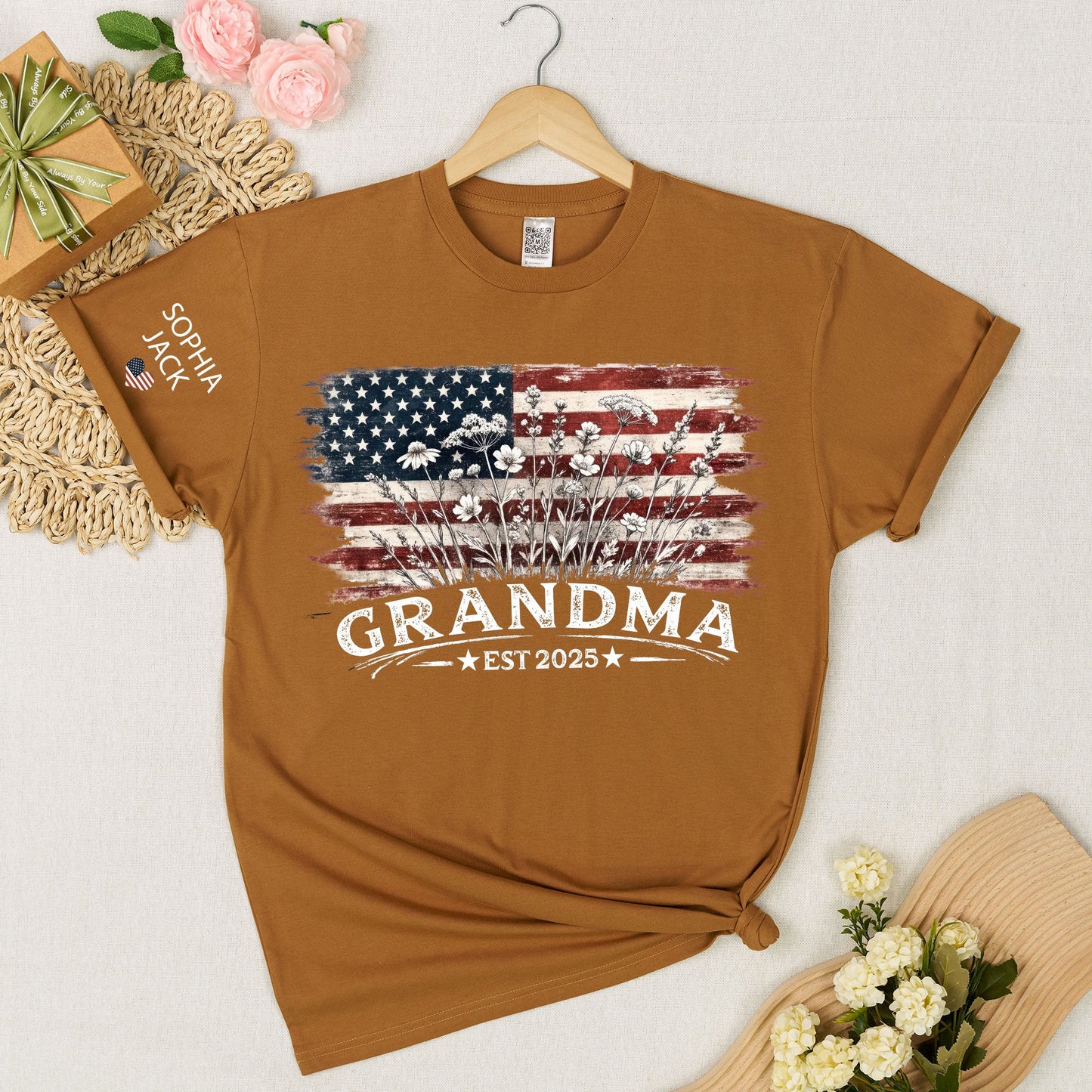 Personalized Grandma Est 2025 Shirt, Custom Nana Mimi Gigi Grandma Tee With Kids Names On Sleeve, Patriotic Floral American Flag Shirt Family Grandkids Gift U.S. 250th Anniversary Apparel