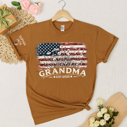 Personalized Grandma Est 2025 Shirt, Custom Nana Mimi Gigi Grandma Tee With Kids Names On Sleeve, Patriotic Floral American Flag Shirt Family Grandkids Gift U.S. 250th Anniversary Apparel