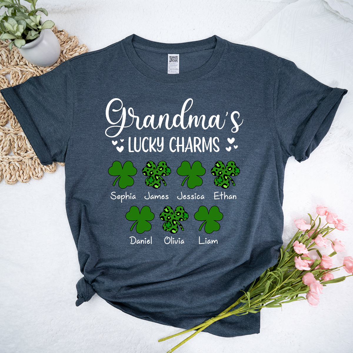 Grandma’s Lucky Charms Shirt, Personalized Grandma T Shirt with Grandkids Names, St Patrick’s Day Shamrock Family Tee for Grandma