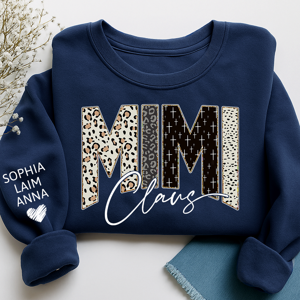 Personalized Mimi Claus Leopard Sweatshirt – Custom Bible Style Design, Unique Gift for Grandma and Her Grandkids