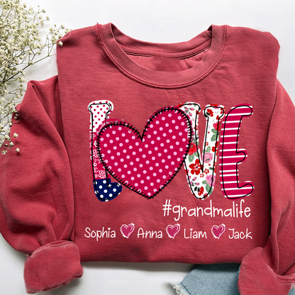 Love Grandma Shirt, Heart Patchwork Sweatshirt with Kids’ Names