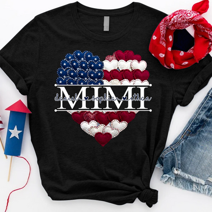 Personalized Mimi T Shirt, American Flag Heart Design, Custom Family Names Shirt
