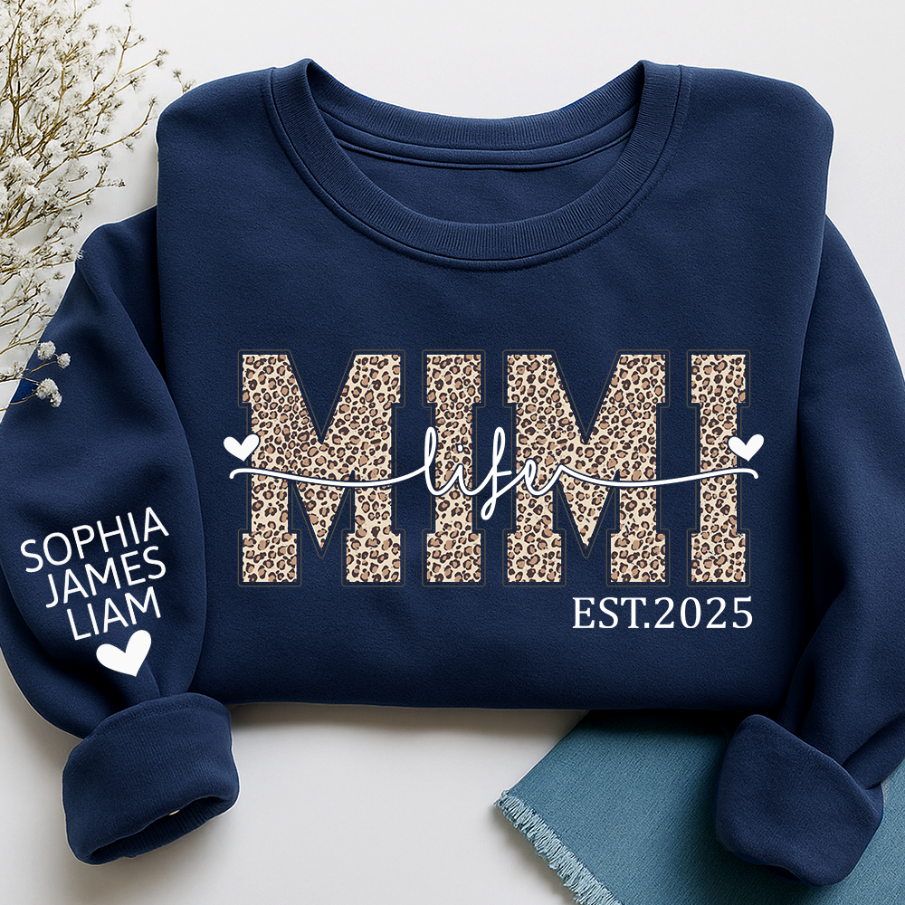 Mimi Life Leopard Sweatshirt, Personalized Grandma Est With Grandchildren Names