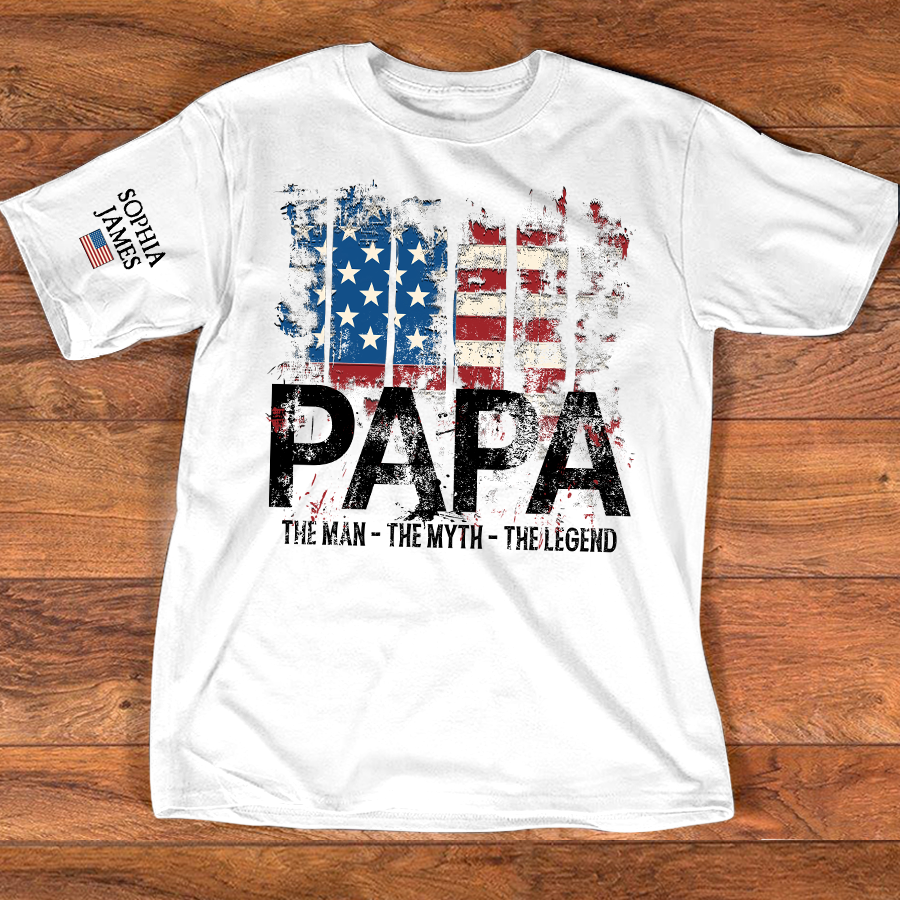Custom Papa T-Shirt with USA Flag Graphic – Personalized Gift for Father Featuring Kids’ Names
