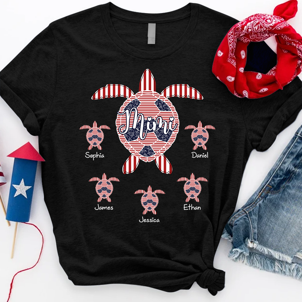 Personalized Mimi Sea Turtle Shirt with Grandkids Names, Custom Coastal Family Tee, Patriotic Beach Turtle Shirt for Women