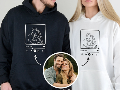Custom Couple Portrait Hoodie, Portrait Outline from Photo Hoodie, Names on Sleeve Hoodie, Personalized Couple Gifts, Valentine Day Gifts Sweatshirt Hoodie
