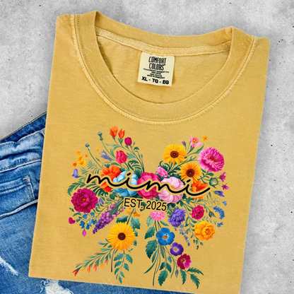 Comfort Colors® Mimi Bow Flower Est T-Shirt, Custom Grandma With Grandkids Shirt