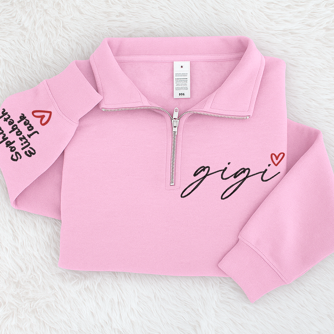 Personalized Hand Embroidered Gigi Est Sweater, Gift for Grandma and Kids Quarter Zip Sweater