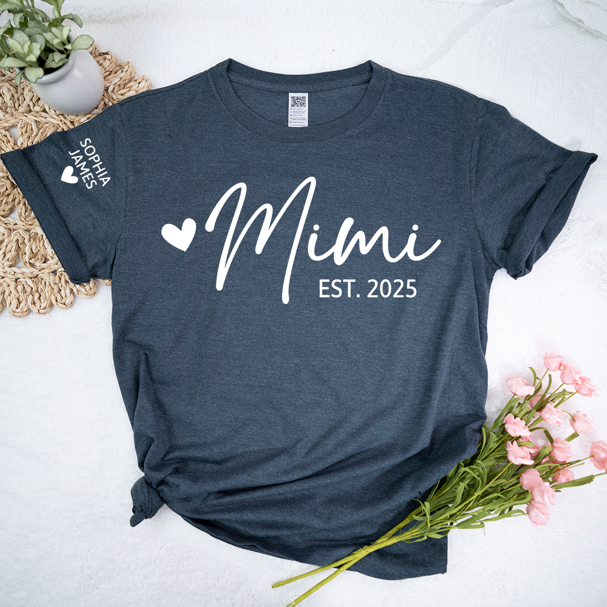 Mimi EST 2025 T-Shirt, Custom Grandma Shirt with Heart, Personalized Family Role Apparel for Her