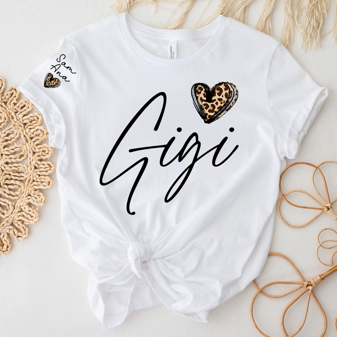 Personalized Gigi Heart Leopard Print T-shirts Custom Family T-Shirt with Heart Shape and Name