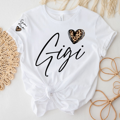 Personalized Gigi Heart Leopard Print T-shirts Custom Family T-Shirt with Heart Shape and Name