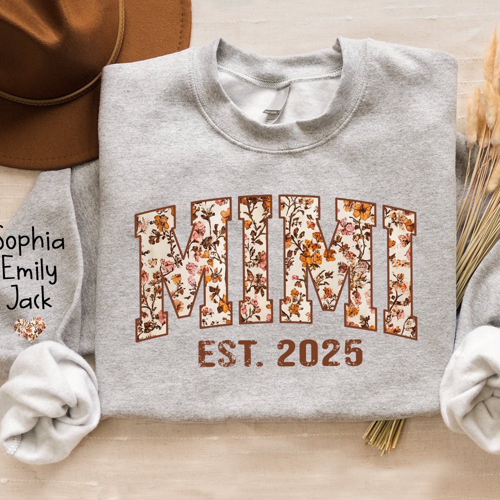 Personalized Fall Grandma, Fall Floral Sweatshirt with Name on Sleeve, Grandma Gift