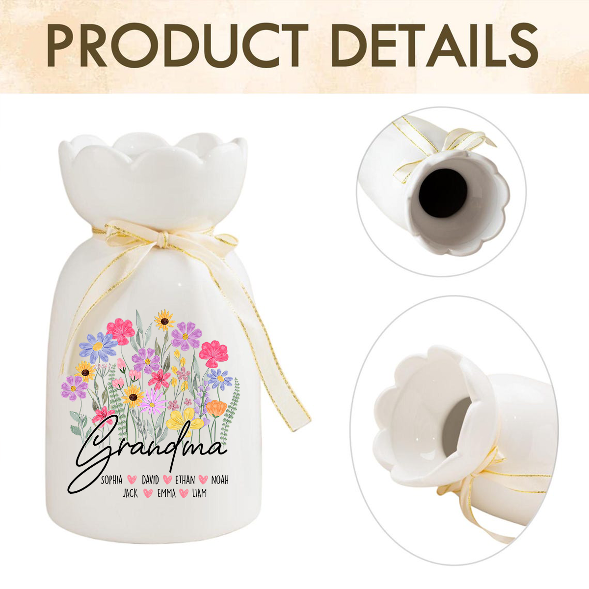 Personalized Ceramic Flower Vase for Mimi, Custom Vase with Kids' Names, Perfect Gift for Grandmother
