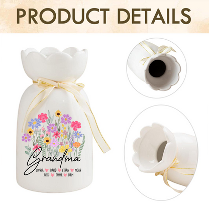 Personalized Ceramic Flower Vase for Mimi, Custom Vase with Kids' Names, Perfect Gift for Grandmother