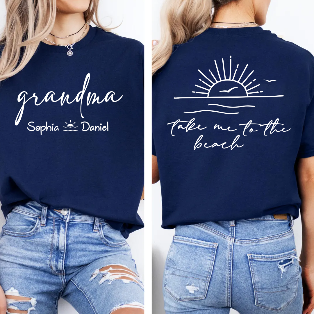 Custom Grandma Shirt with Grandchildren Names, Beach Vacation Back Graphic Tee, Personalized Family Summer Apparel for Women