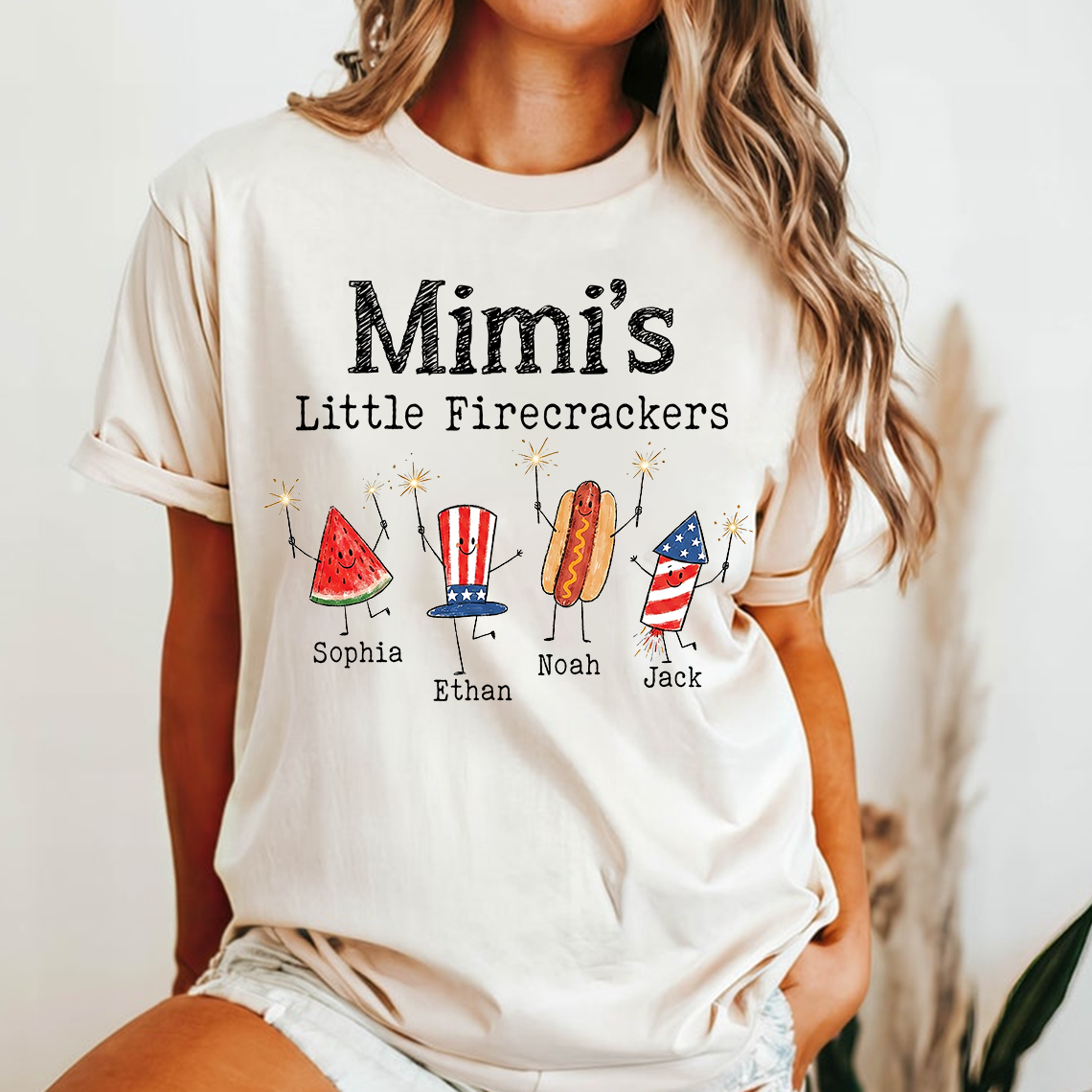 Personalized Mimi's Little Firecrackers Shirt, Custom Grandma Tee with Grandkids Names, Patriotic 4th of July Family Shirt for Mimi