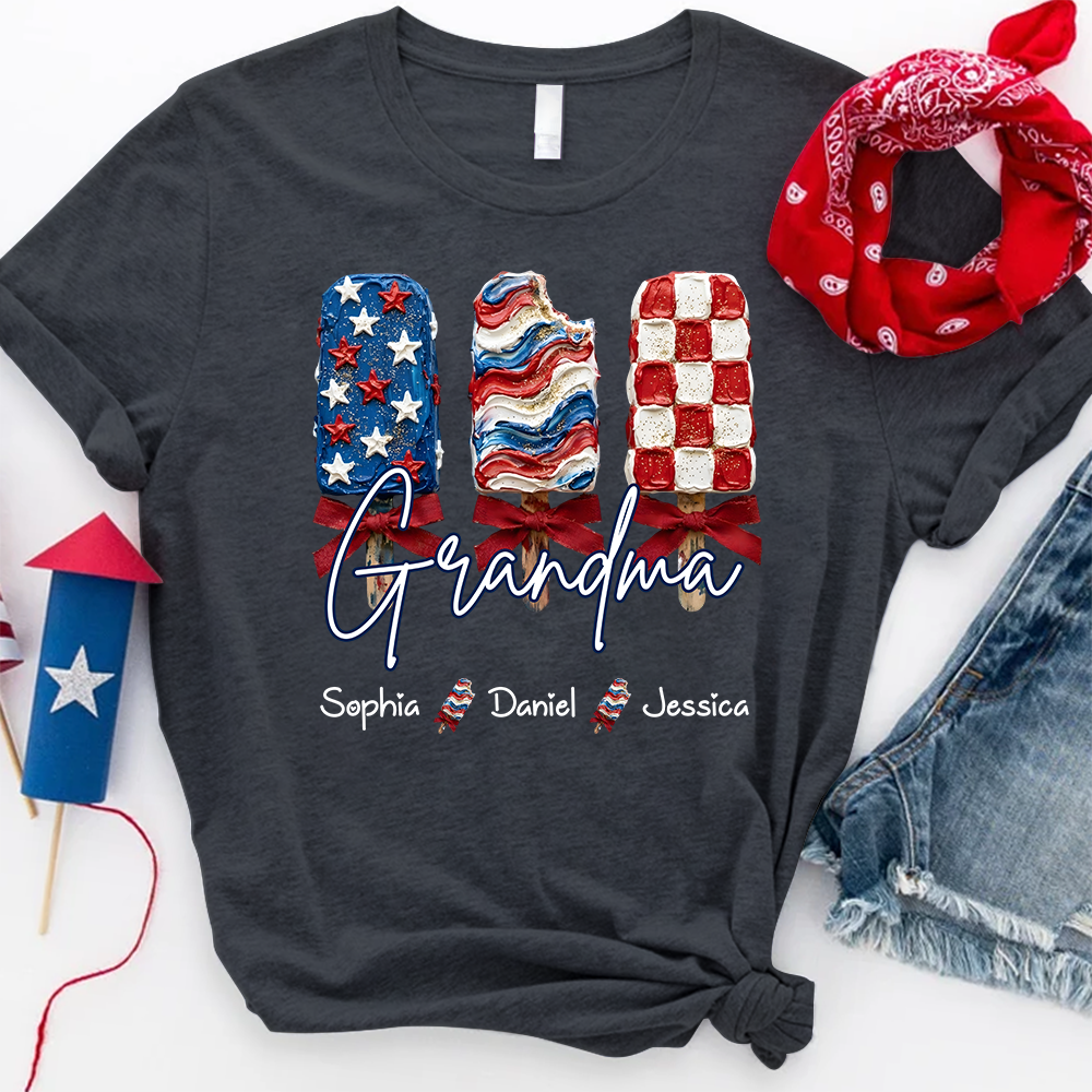 Personalized Grandma Patriotic Popsicle Shirt, Custom Grandma 4th of July T Shirt with Kids Names, Family Summer Gift