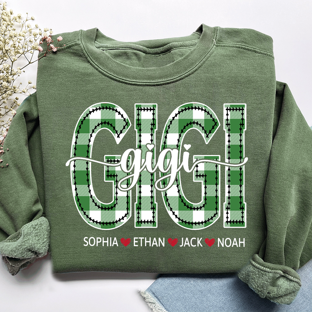 Personalized Gigi Sweatshirt, Custom Green Plaid Letters Shirt with Grandkids Names