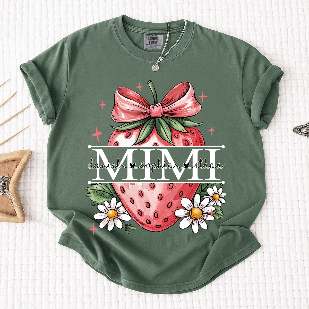 Comfort Colors® Custom Mimi T Shirt with Strawberry Bow Design, Floral Grandma Graphic Tee, Cute Summer Fruit Shirt for Mimi