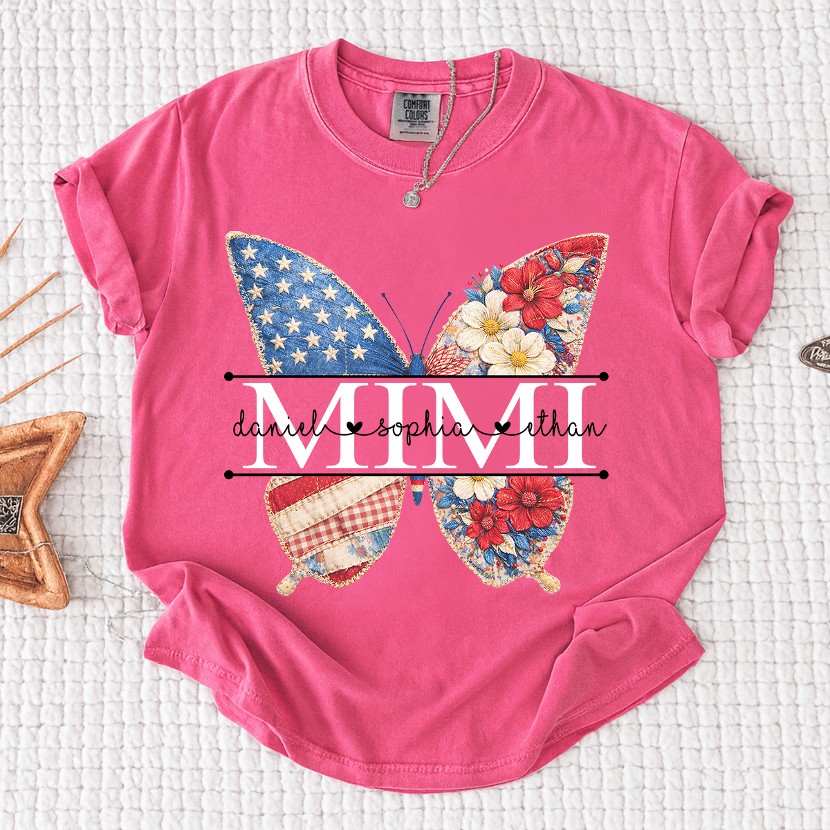 Comfort Personalized Mimi Shirt with Grandkids Names, American Flag and Flower Butterfly Design