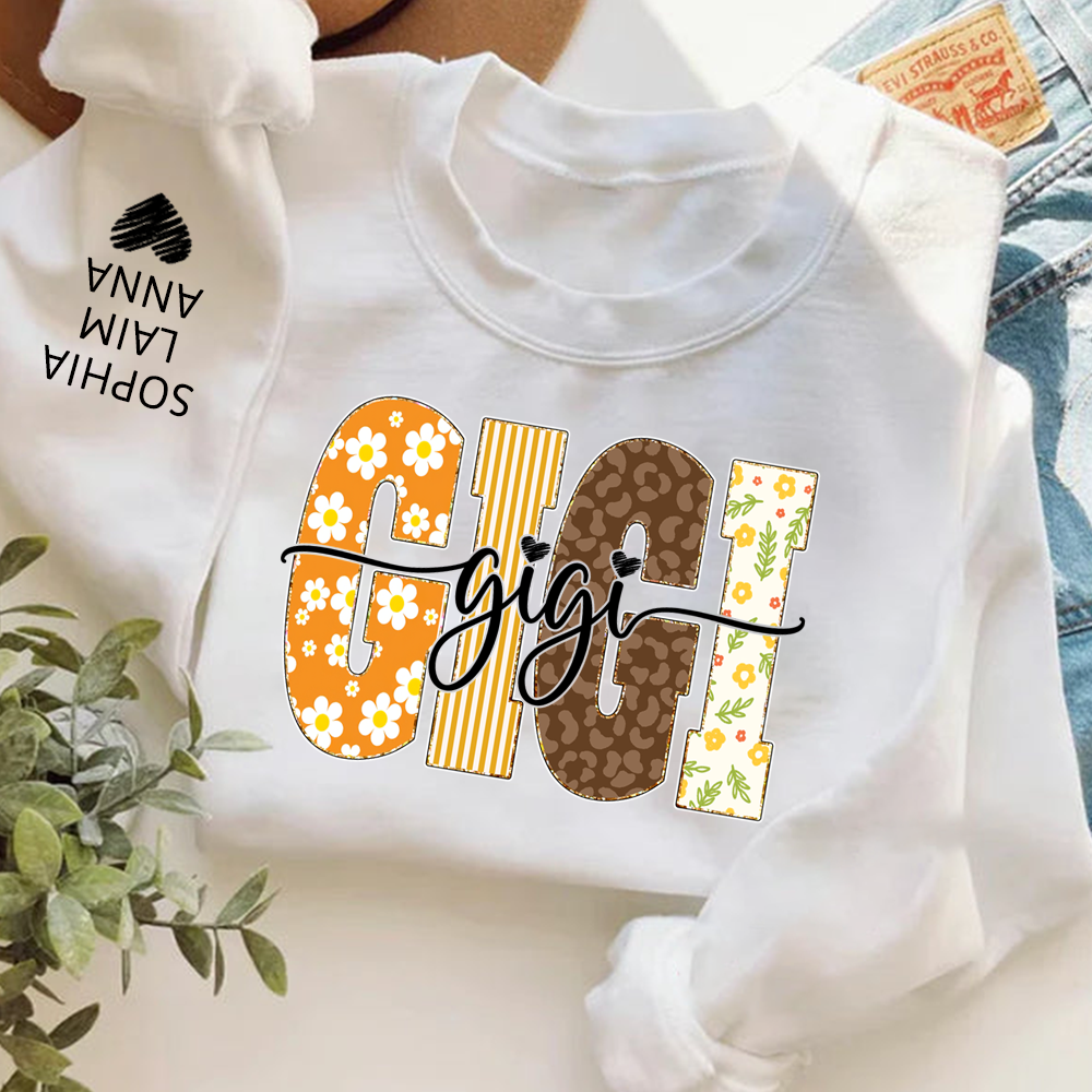 Gigi Fall Grandma Sweatshirt – Custom Name Sleeve and Retro Plaid Floral Letter Design