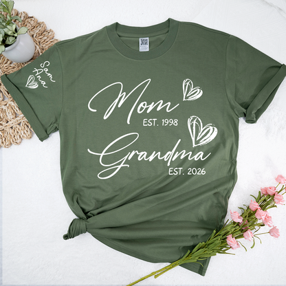 Custom EST Year Mom and Grandma T-Shirt, Personalized Family T-Shirt with Heart Design for Mom & Grandma