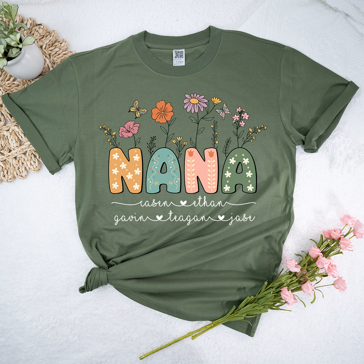 Personalized Floral Nana Shirt, Custom Grandma With Grandkids Mothers Day Gift T-Shirt