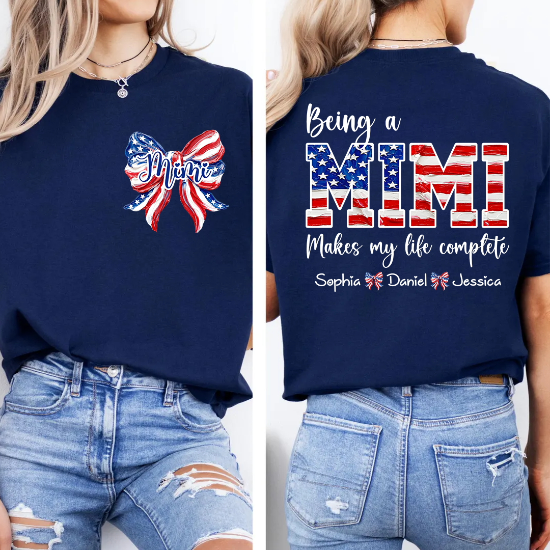 Personalized Mimi Patriotic Shirt, Being a Mimi Tee with Kids Names, American Flag Bow Graphic Gift
