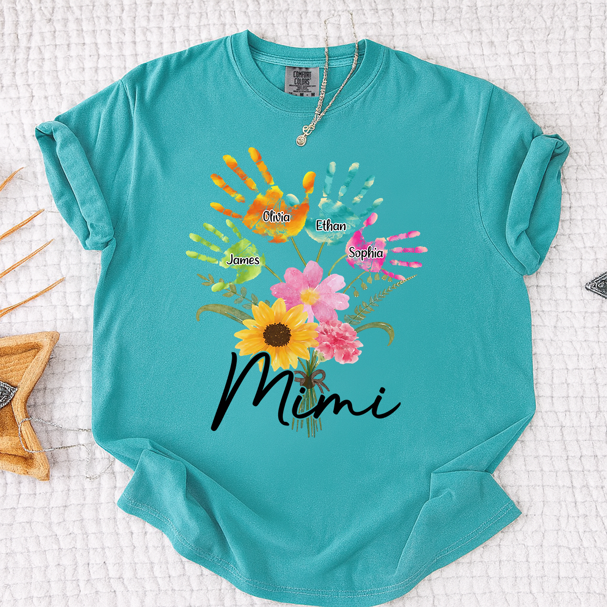 Custom Mimi Shirt, Personalized Handprints and Flowers with Family Names, Idea Gift for Mimi