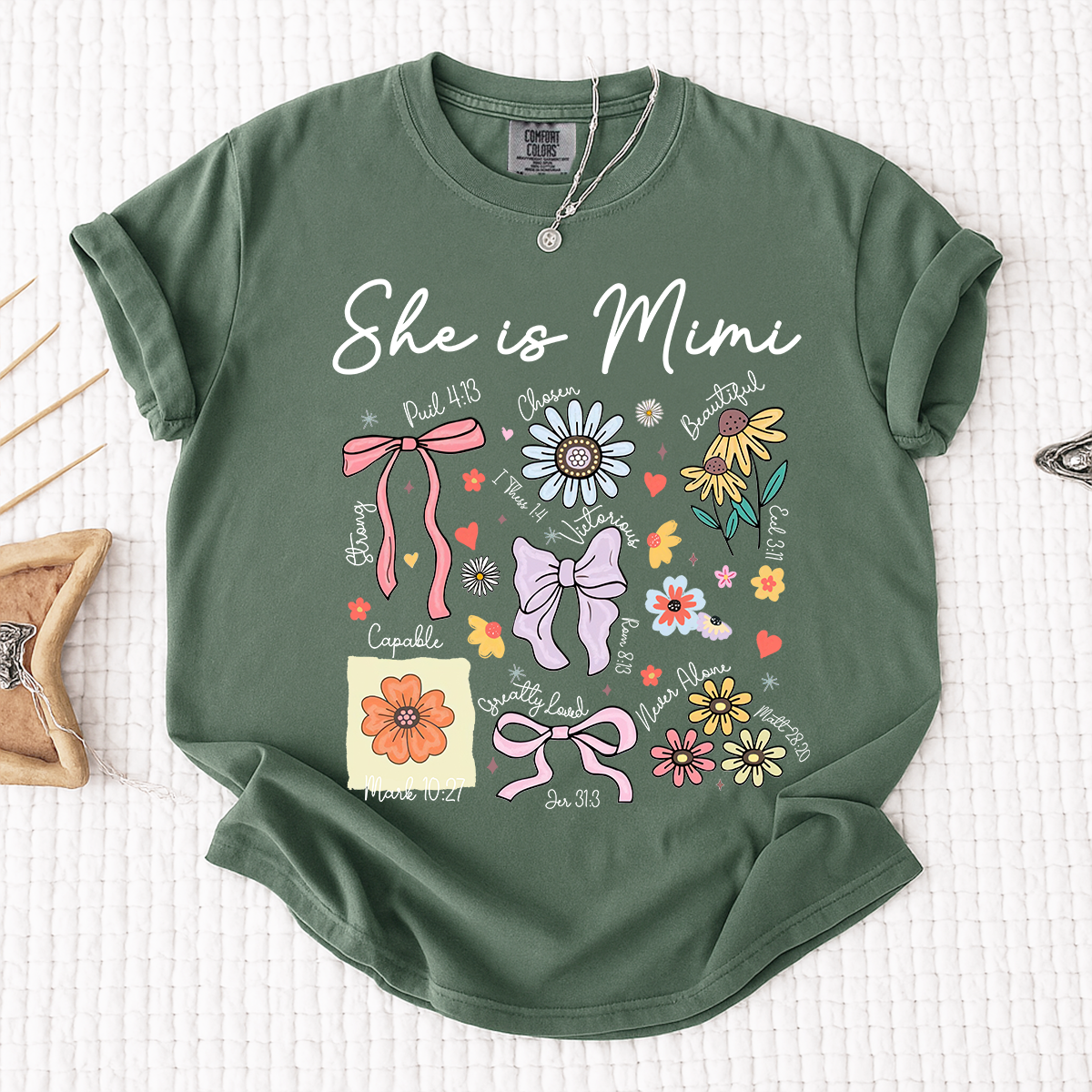 Comfort Colors Personalized Mimi Shirt She Is Mimi Quote with Floral Timeline Family Tee