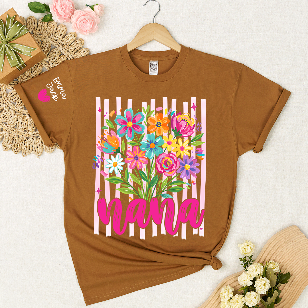 Custom Striped Wildflowers Nana T-Shirt, Trendy Ditsy Floral Gift for Grandma And Kids