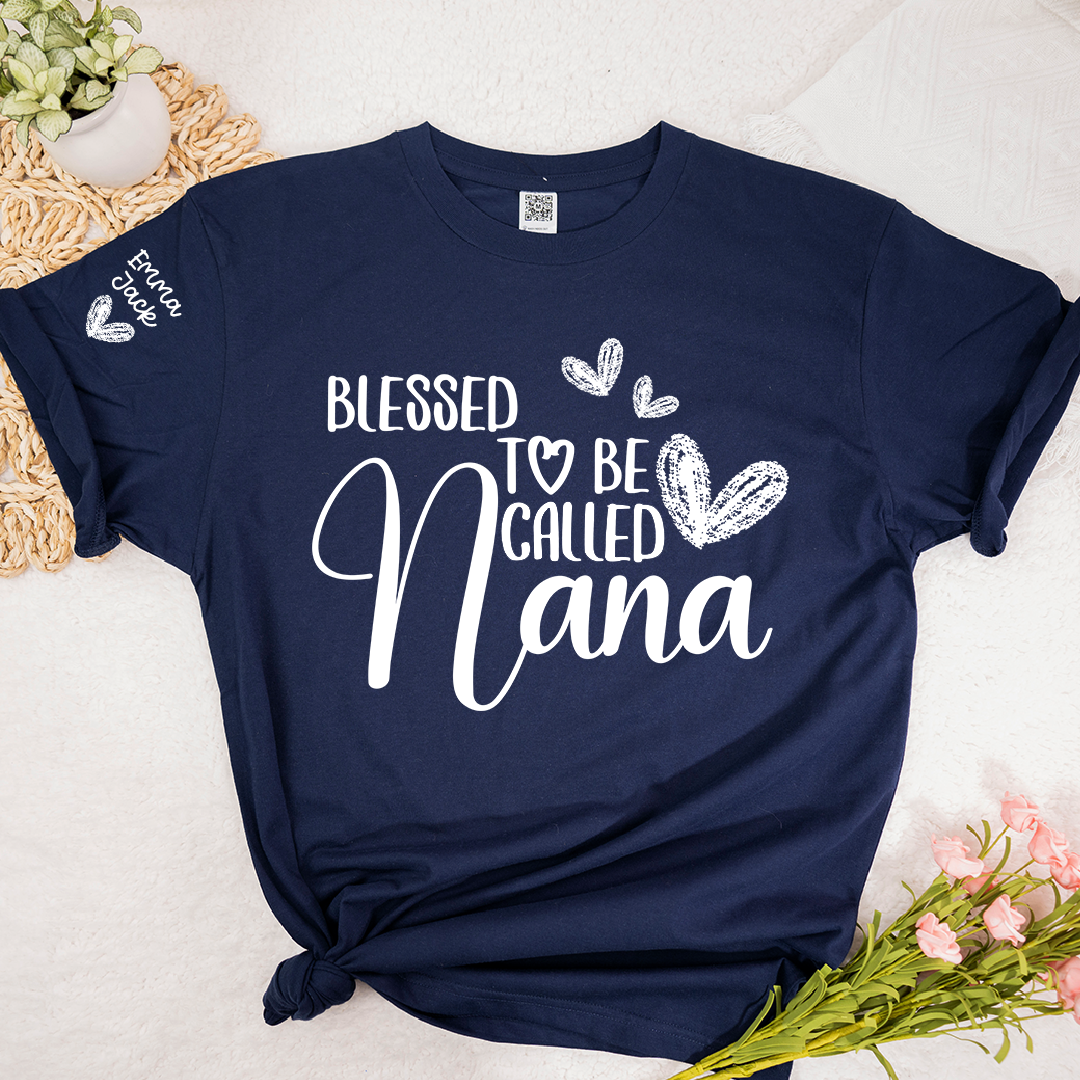 Blessed To Be Called Nana Personalized T-Shirt, Custom Name Nana Tee with Heart Graphic