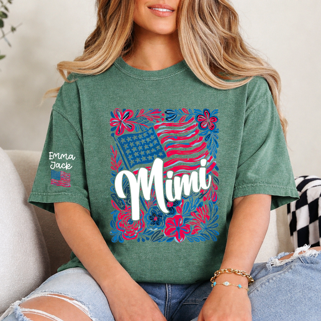 Mimi American Flag Floral Shirt, Custom Grandkids Names Family T Shirt